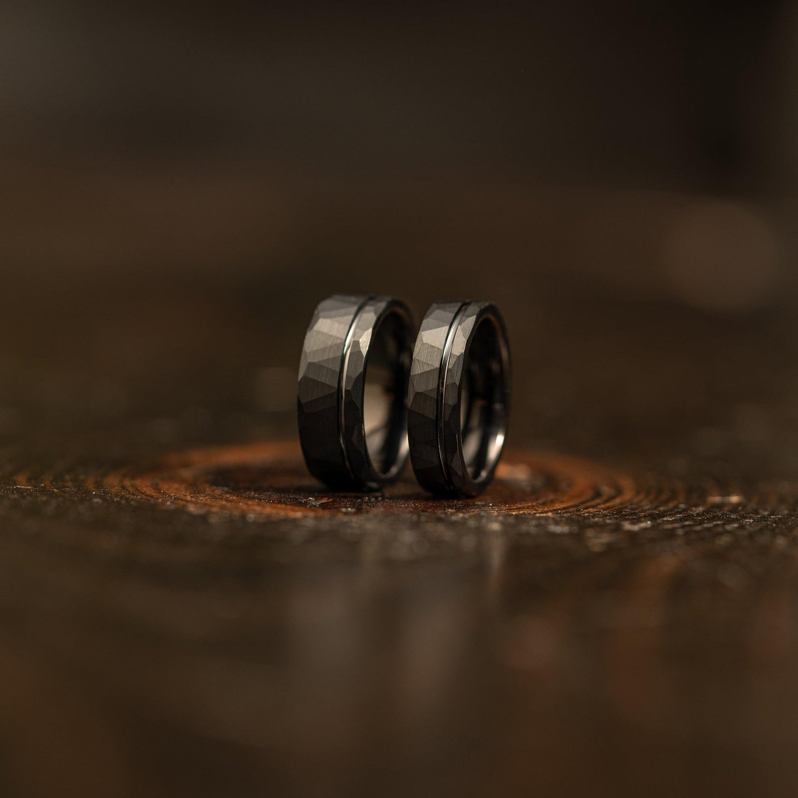 "Zeus" Hammered Tungsten Carbide Ring- Flat with Black Strip- 6mm/8mm