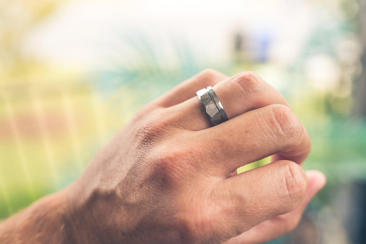 "Zeus" Hammered Tungsten Carbide Ring- Flat with Silver Strip- 6mm/8mm