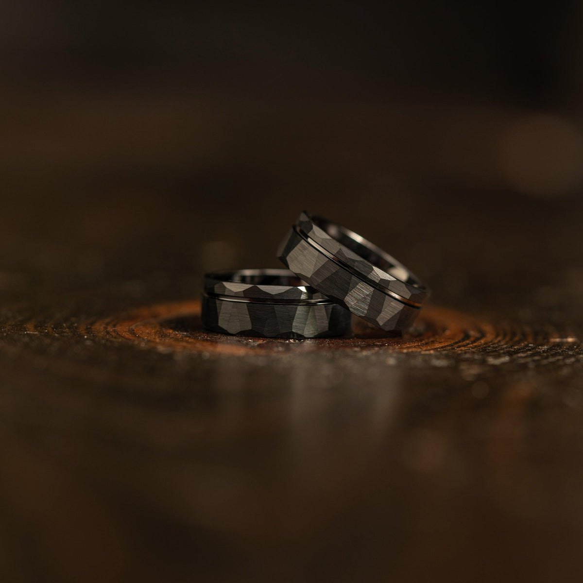 "Zeus" Hammered Tungsten Carbide Ring- Flat with Black Strip- 6mm/8mm