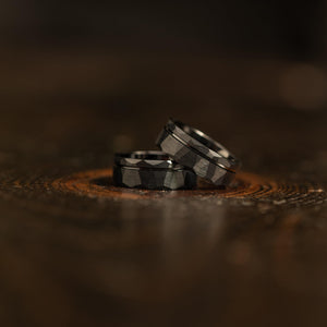 "Zeus" Hammered Tungsten Carbide Ring- Flat with Black Strip- 6mm/8mm