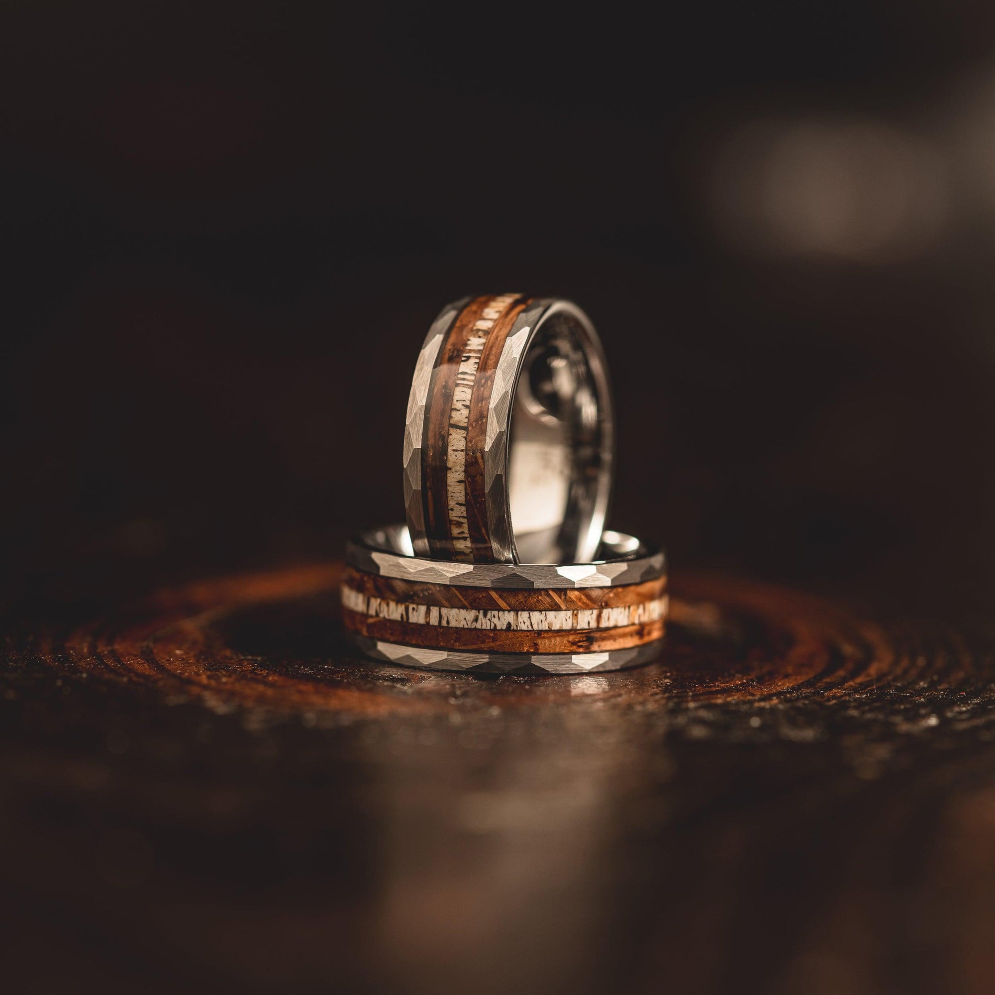 "Zeus" Hammered Ring- Silver with Charred Whiskey Barrel and Antler