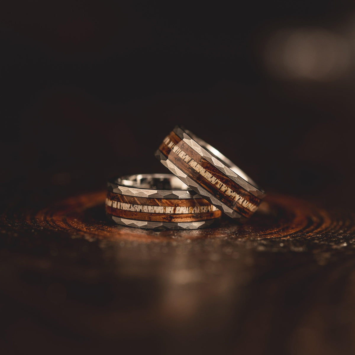 &quot;Zeus&quot; Hammered Ring- Silver with Charred Whiskey Barrel and Antler