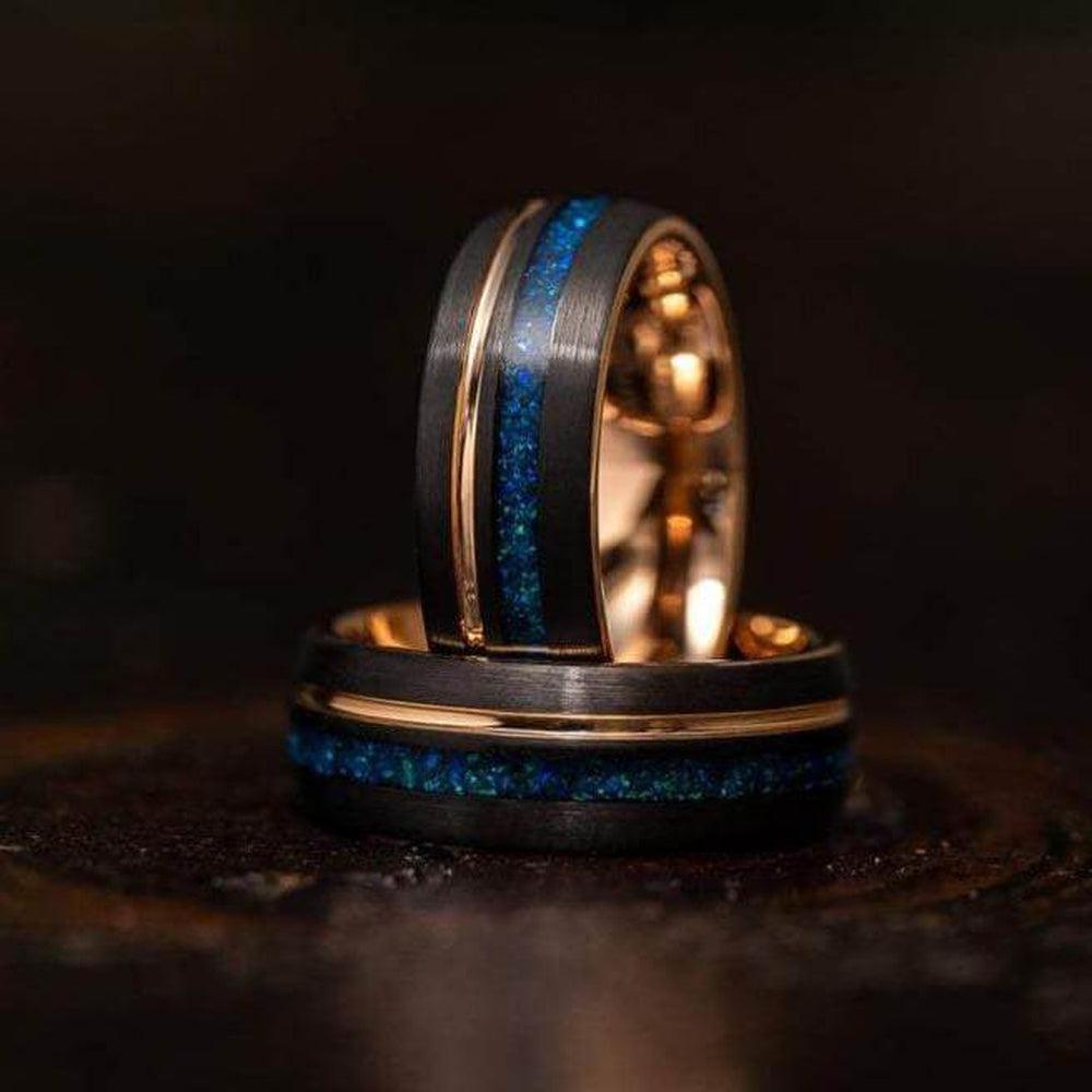 &quot;Dionysus&quot; Black x Blue Opal Rose Gold Tungsten Ring-Rings By Lux