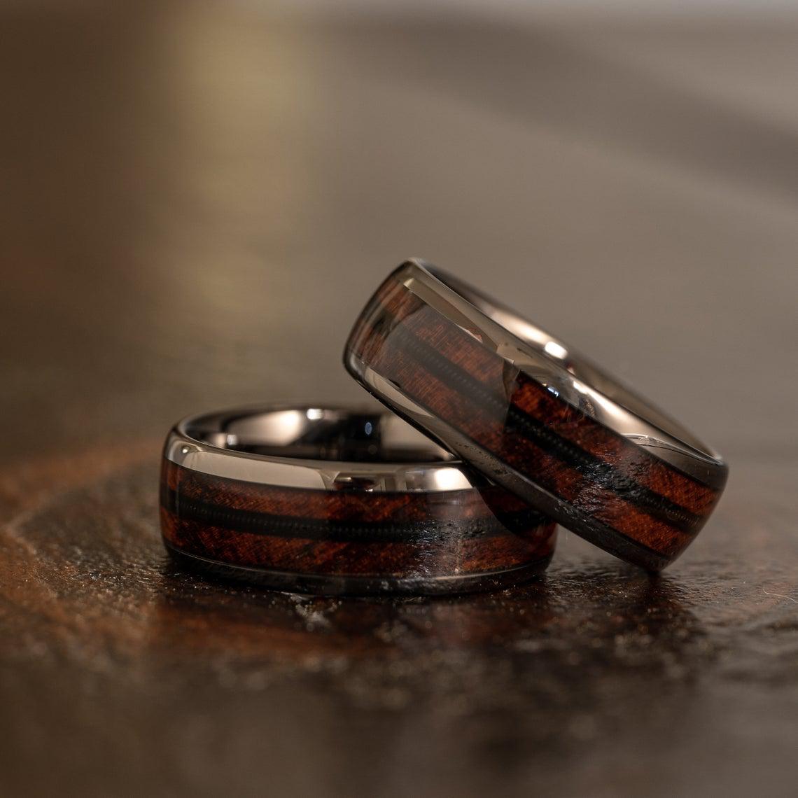 &quot;Dionysus&quot;  Ironwood Wood x Guitar String Ring- Gunmetal Tungsten