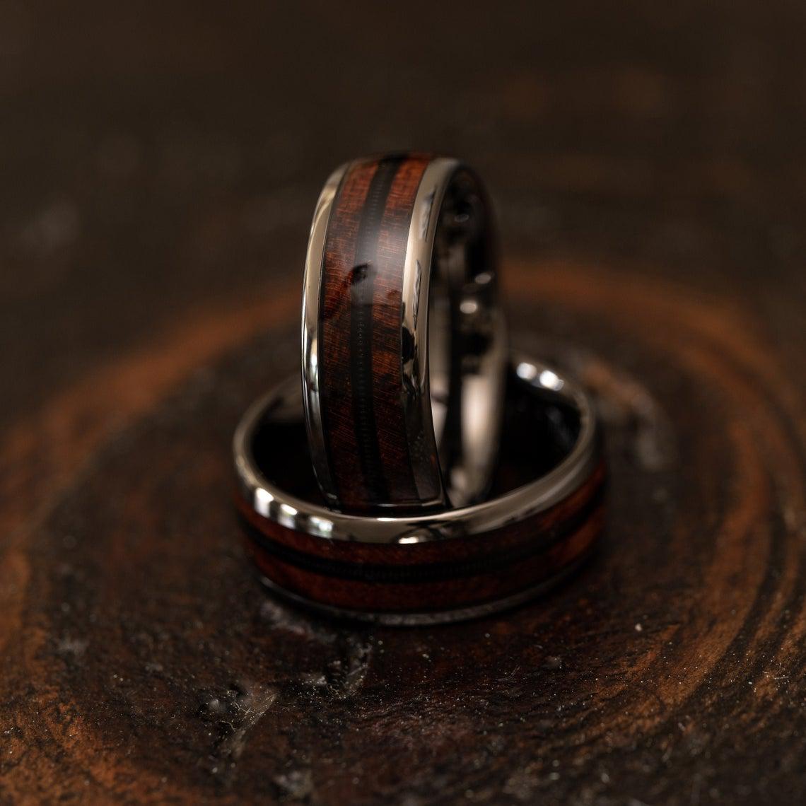 "Dionysus"  Ironwood Wood x Guitar String Ring- Gunmetal Tungsten