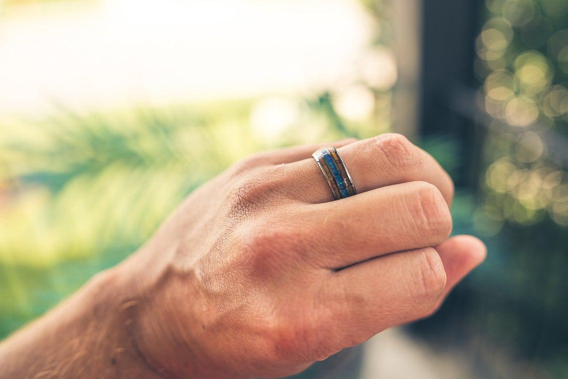 "Dionysus"  Whisky Barrel x Blue Opal Gunmetal Tungsten Ring