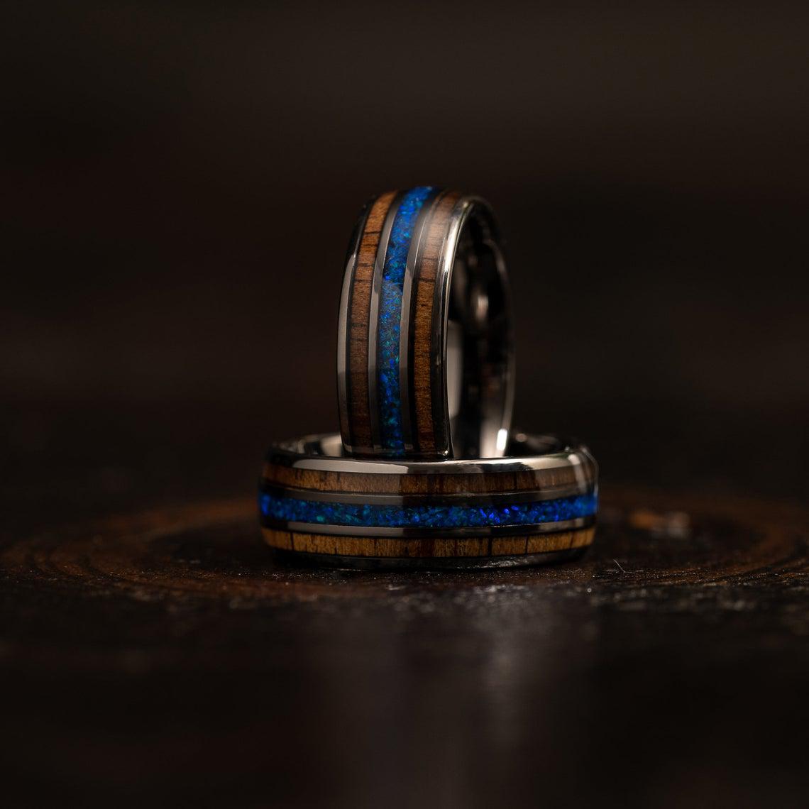 "Dionysus"  Whisky Barrel x Blue Opal Gunmetal Tungsten Ring