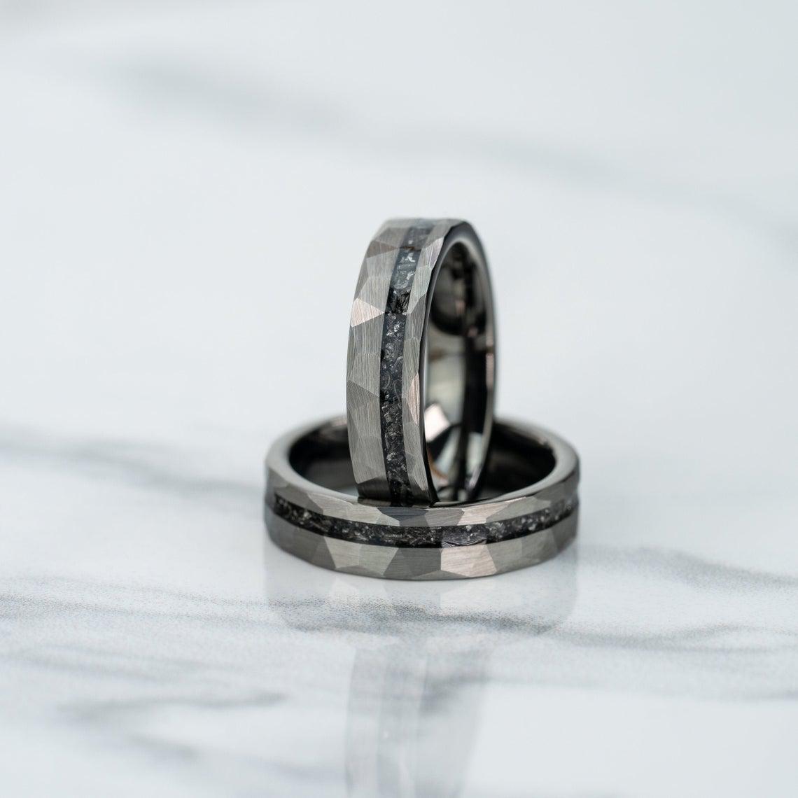 "Zeus" Hammered Tungsten Carbide Ring- Womens Silver w/ Meteorite- 5mm