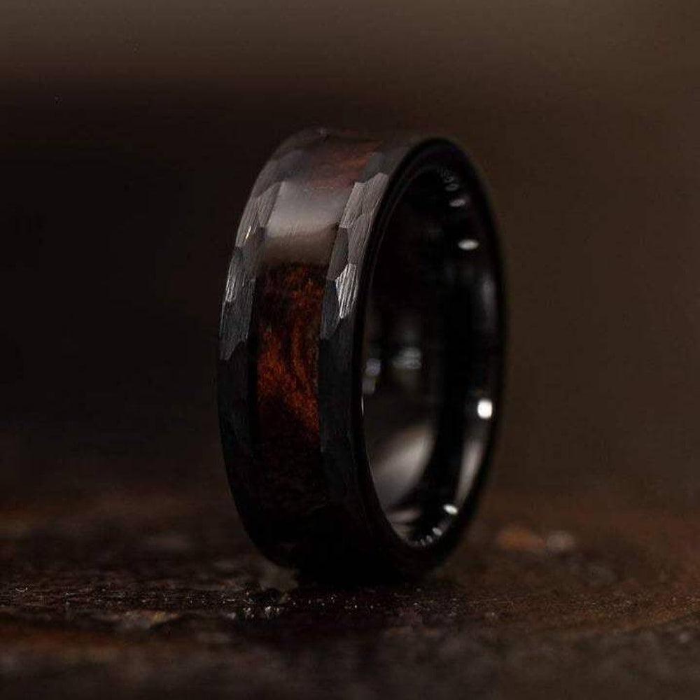 &quot;Zeus&quot; Hammered Tungsten Carbide Ring- Black with Snake Wood-Rings By Lux