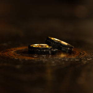 "Zeus" Hammered Tungsten Carbide Ring- Womens Black X Yellow Gold w/ Meteorite- 5mm