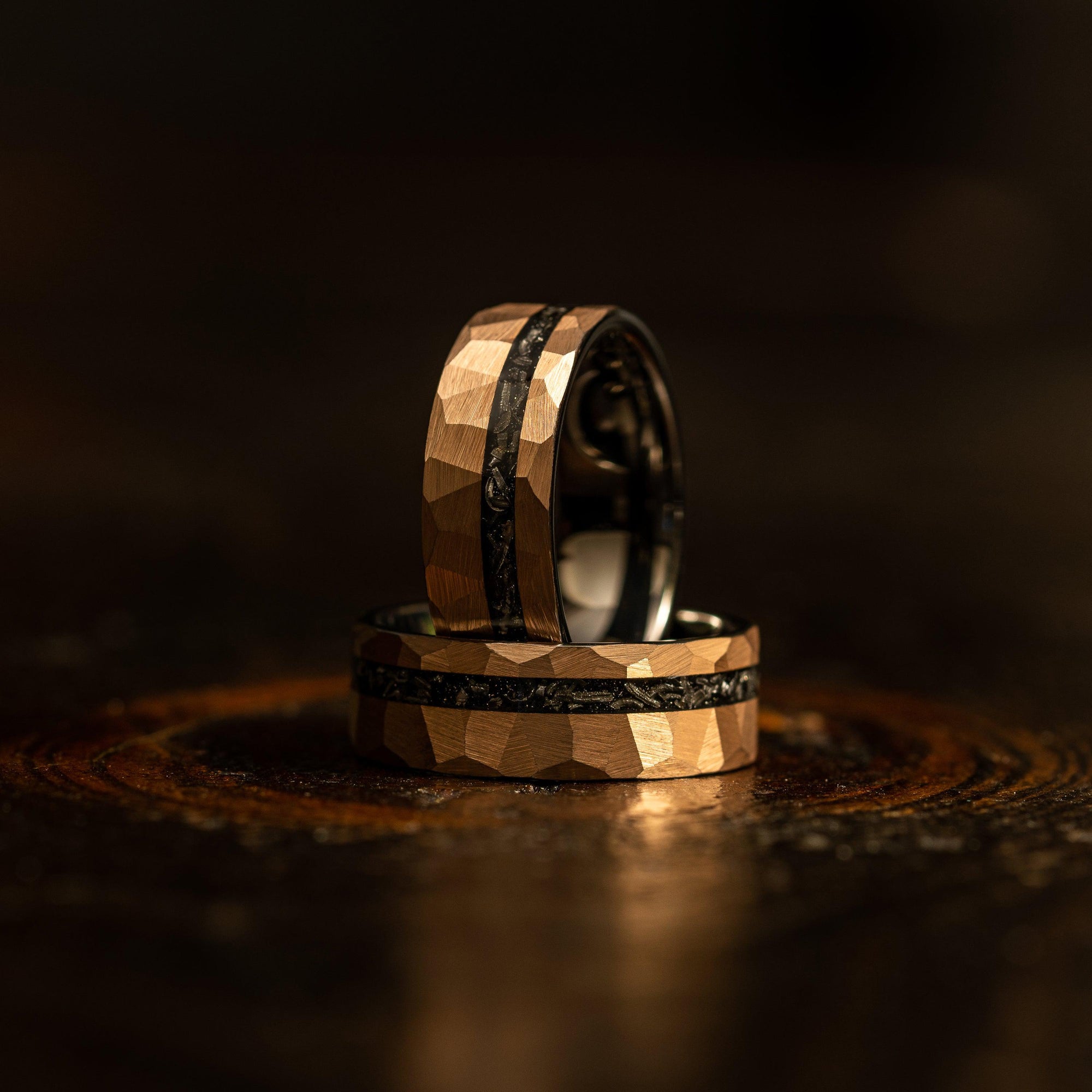 "Zeus" Hammered Tungsten Carbide Ring- Rose Gold w/ Meteorite- 8mm