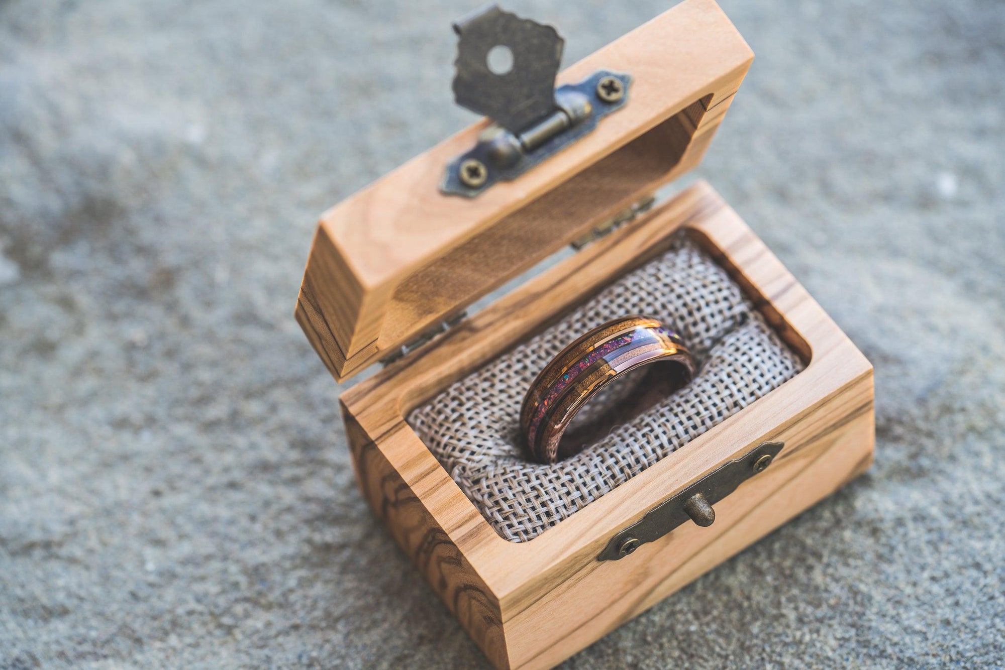 "Dionysus"  Koa x Purple Galactic Opal - Smoked rose gold Tungsten Ring