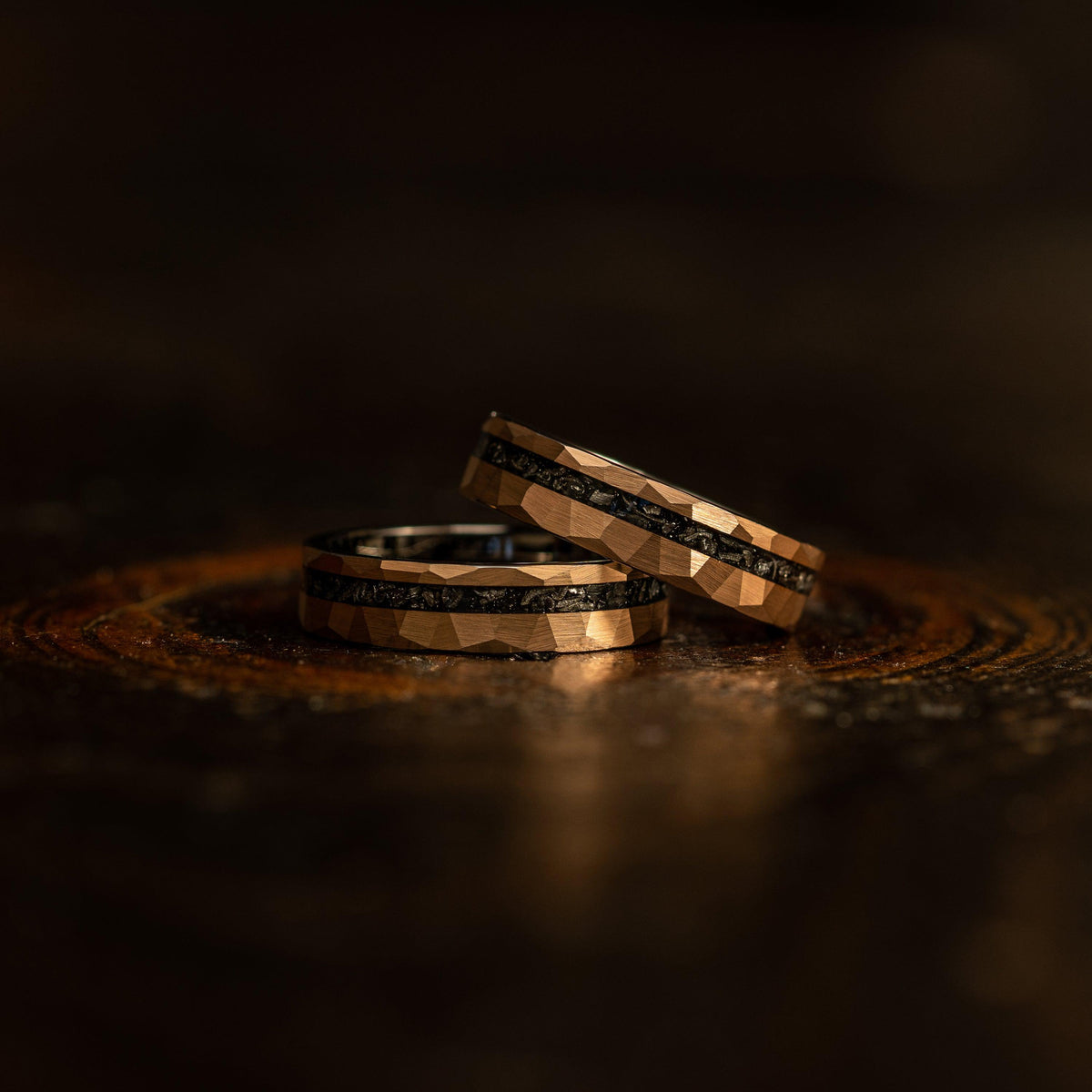 "Zeus" Hammered Tungsten Carbide Ring- Womens Copper/Rose w/ Meteorite- 5mm