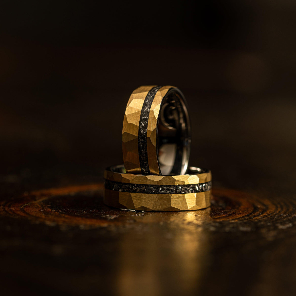 "Zeus" Hammered Tungsten Carbide Ring- Yellow Gold w/ Meteorite- 8mm
