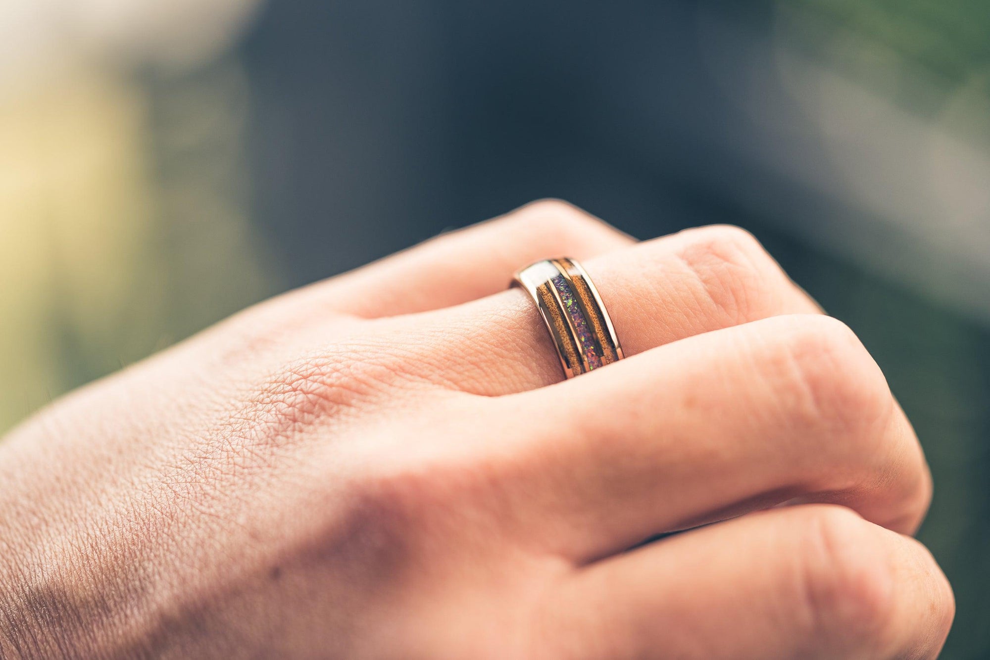 "Dionysus"  Koa x Purple Galactic Opal Gunmetal Tungsten Ring