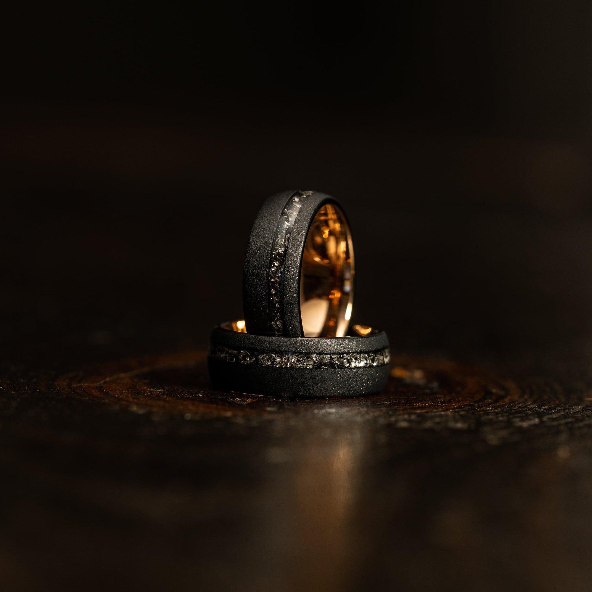 "Dionysus" Sandblasted Tungsten Carbide Ring- Black/Rose w/ Meteorite- 8mm