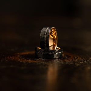 "Zeus" Hammered Tungsten Carbide Ring- Black/Rose Gold w/ Meteorite- 8mm