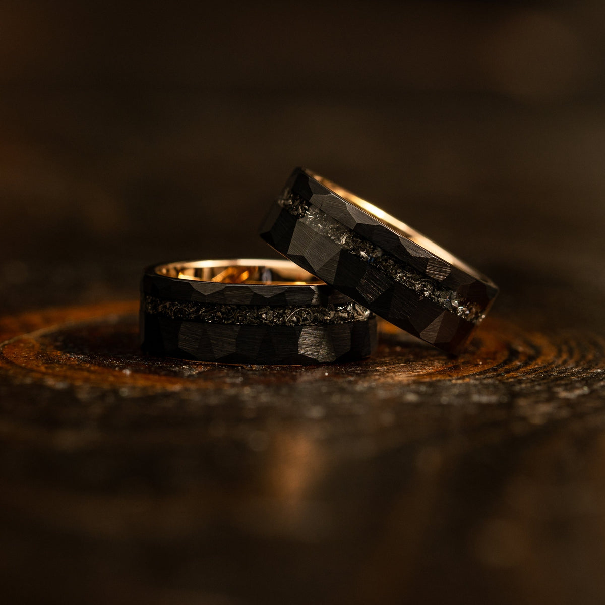 &quot;Zeus&quot; Hammered Tungsten Carbide Ring- Black/Rose Gold w/ Meteorite- 8mm