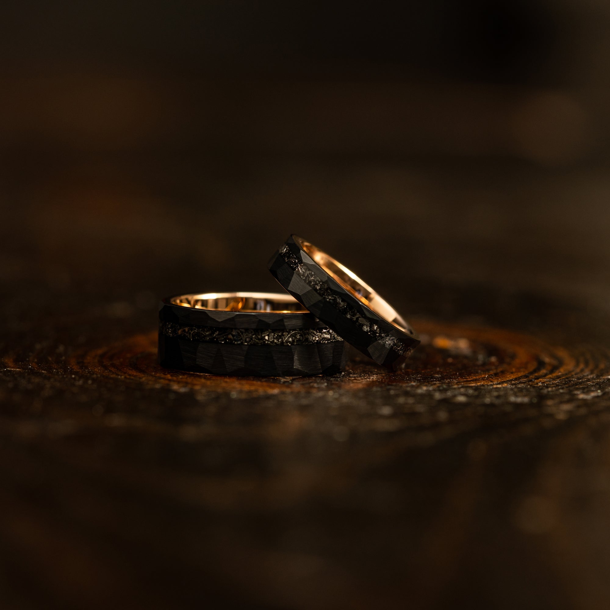 "Zeus" Hammered Tungsten Carbide Ring- Black/Rose Gold w/ Meteorite- 8mm