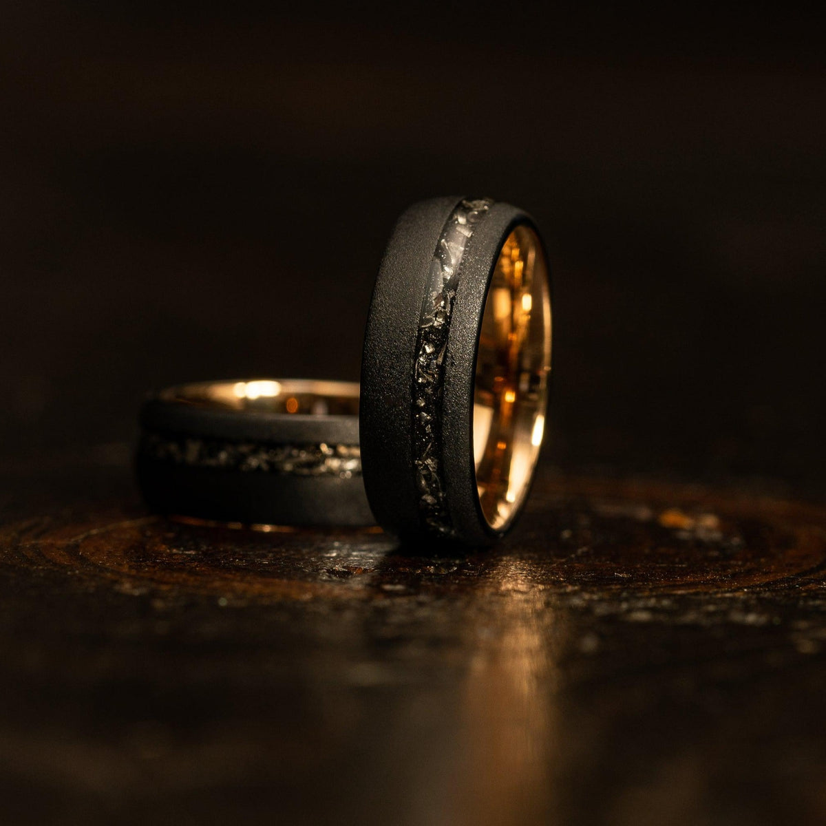 &quot;Dionysus&quot; Sandblasted Tungsten Carbide Ring- Black/Rose w/ Meteorite- 8mm