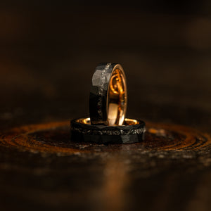 "Zeus" Hammered Tungsten Carbide Ring- Womens Black X Rose Gold w/ Meteorite- 5mm