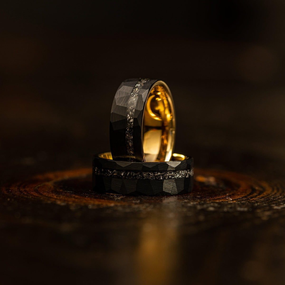 &quot;Zeus&quot; Hammered Tungsten Carbide Ring- Black/Yellow Gold w/ Meteorite- 8mm