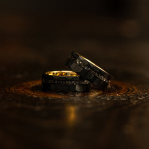 "Zeus" Hammered Tungsten Carbide Ring- Black/Yellow Gold w/ Meteorite- 8mm