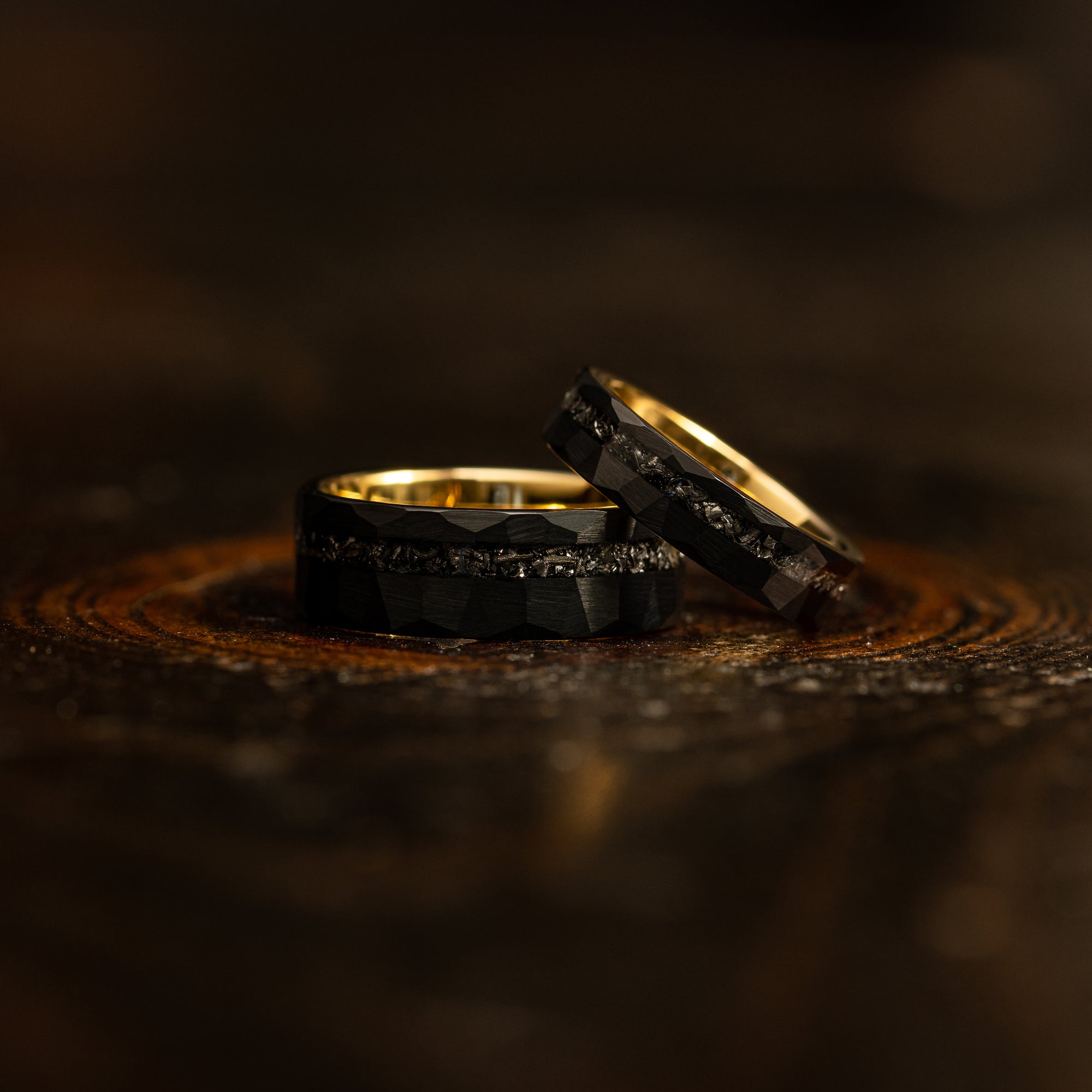 "Zeus" Hammered Tungsten Carbide Ring- Black/Yellow Gold w/ Meteorite- 8mm