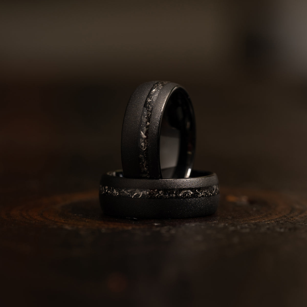 &quot;Dionysus&quot; Sandblasted Tungsten Carbide Ring- Black w/ Meteorite- 8mm