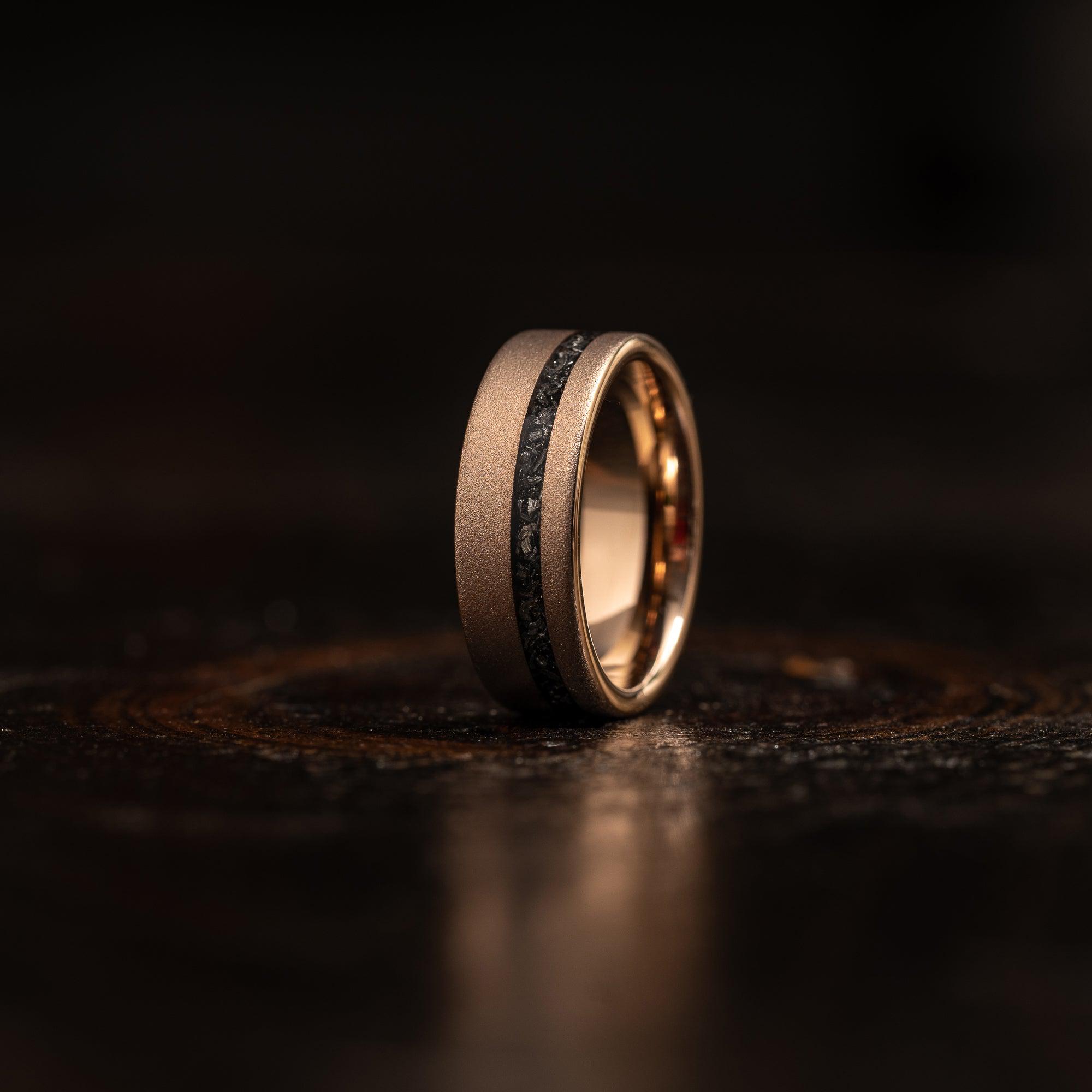 "Dionysus" Sandblasted Rose Gold Tungsten Carbide Ring w/ Meteorite- 8mm