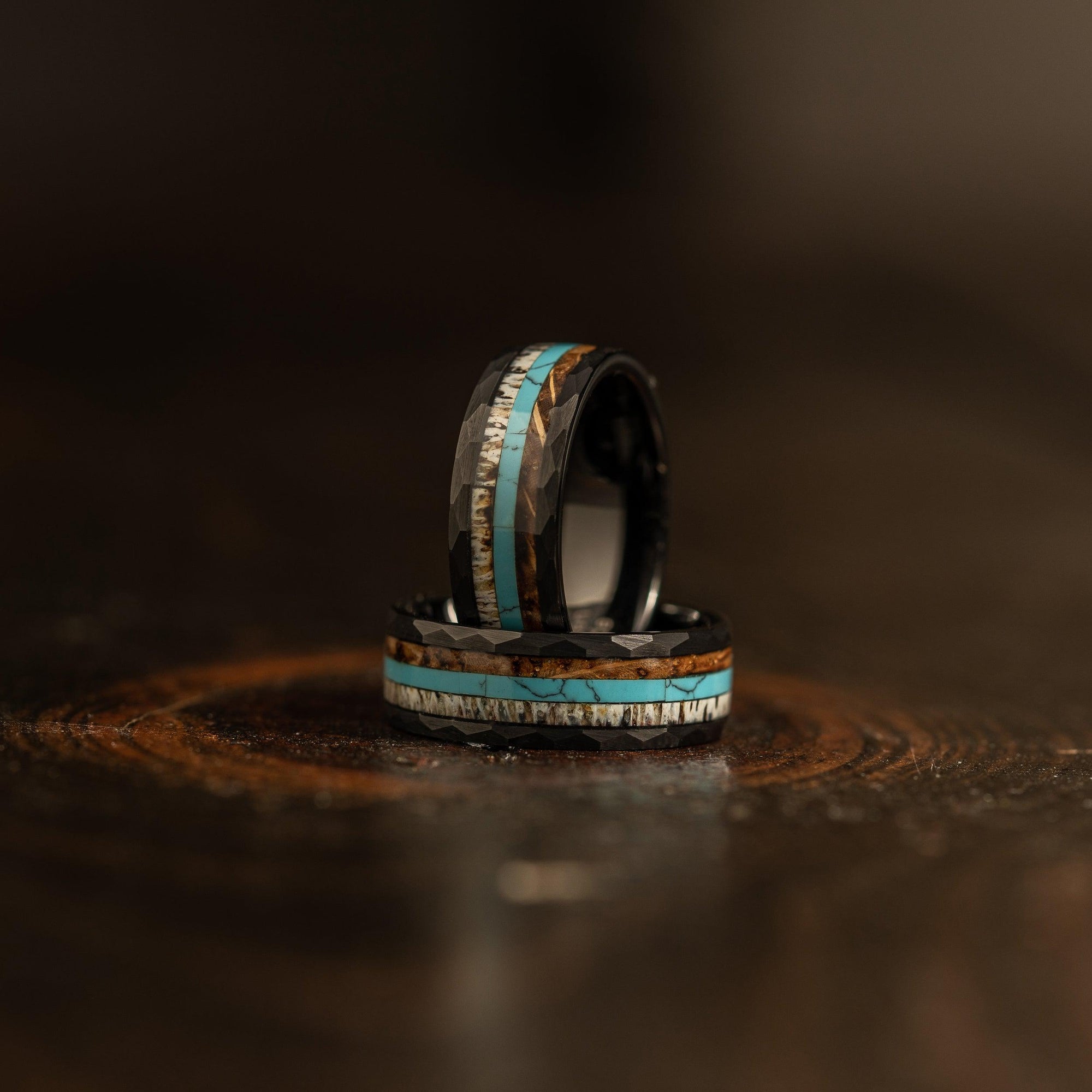 "Zeus" Hammered Ring- Black with Charred Whiskey Barrel, Turquoise and Antler