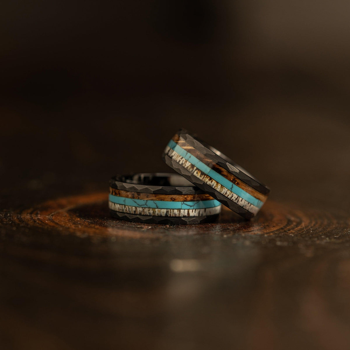 &quot;Zeus&quot; Hammered Ring- Black with Charred Whiskey Barrel, Turquoise and Antler