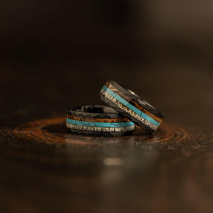 "Zeus" Hammered Ring- Black with Charred Whiskey Barrel, Turquoise and Antler