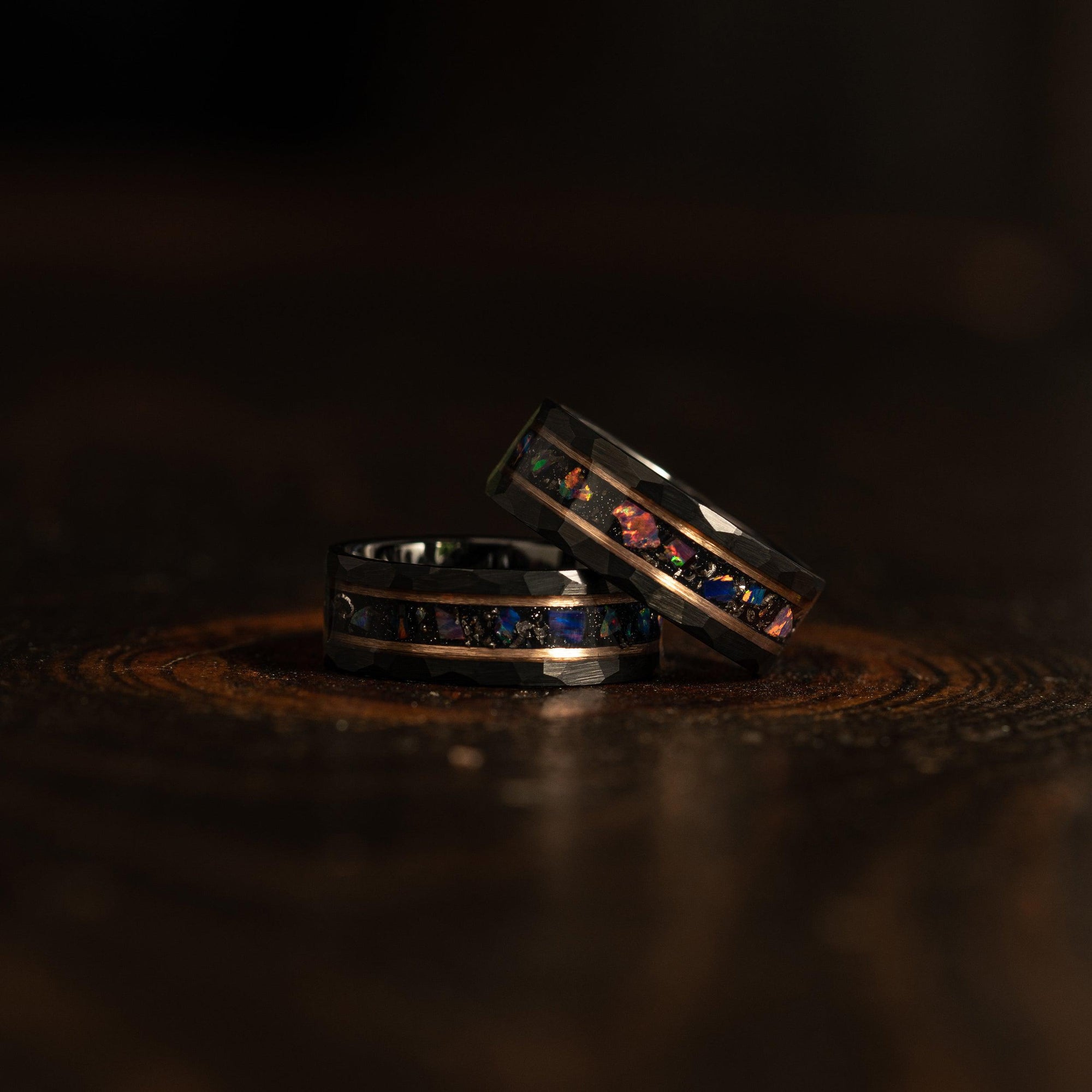 "Zeus" Hammered Tungsten Carbide Ring- Meteorite and Opal- Black/Rose- 6mm/8mm