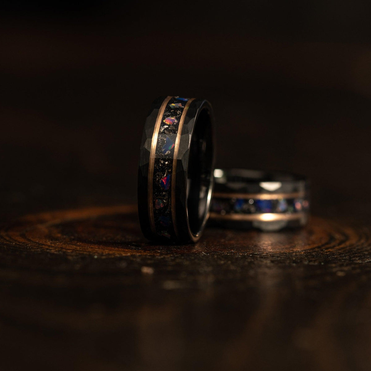 &quot;Zeus&quot; Hammered Tungsten Carbide Ring- Meteorite and Opal- Black/Rose- 6mm/8mm