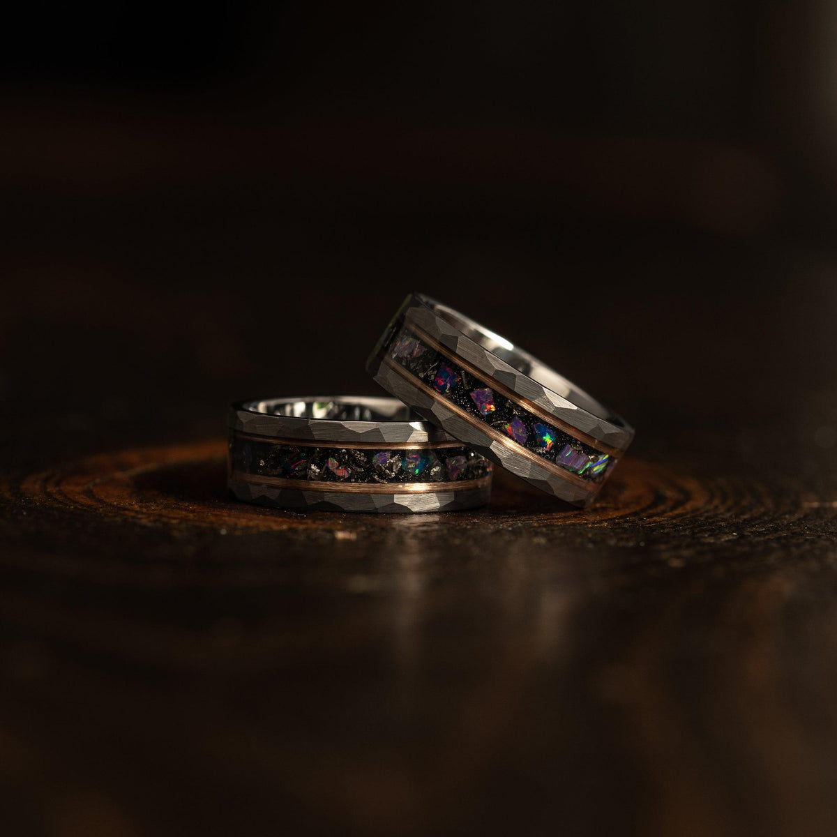 &quot;Zeus&quot; Hammered Tungsten Carbide Ring- Meteorite and Opal- Grey/Rose- 6mm/8mm