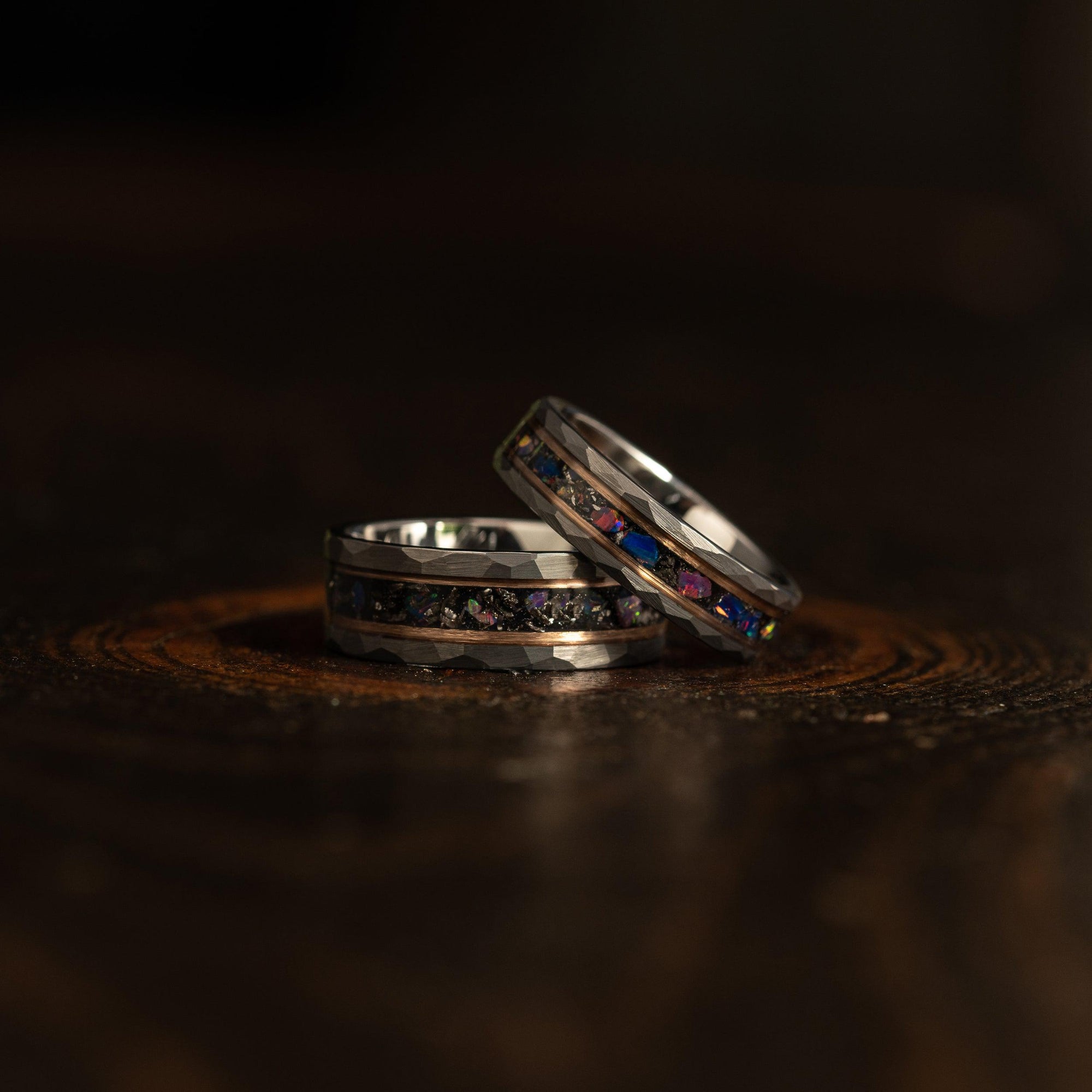 "Zeus" Hammered Tungsten Carbide Ring- Meteorite and Opal- Grey/Rose- 6mm/8mm