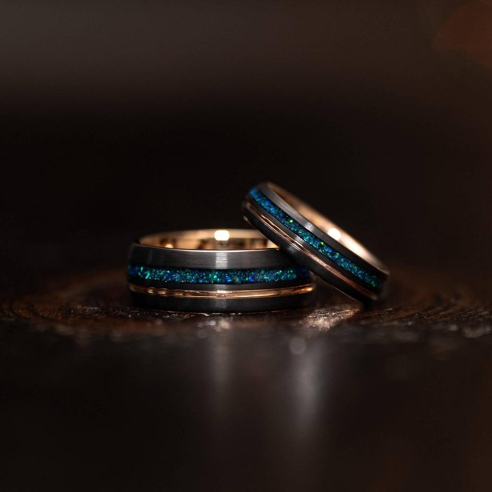 Dionysis Womens Tungsten Carbide Ring- Rose Gold X Blue Opal- 5mm