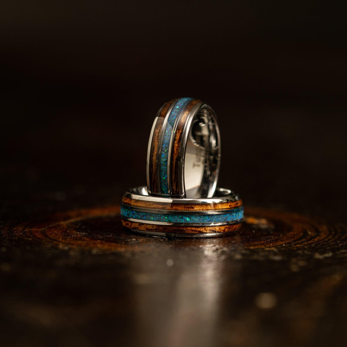 "Dionysus"  Koa x Blue-Green Opal Silver Tungsten Ring