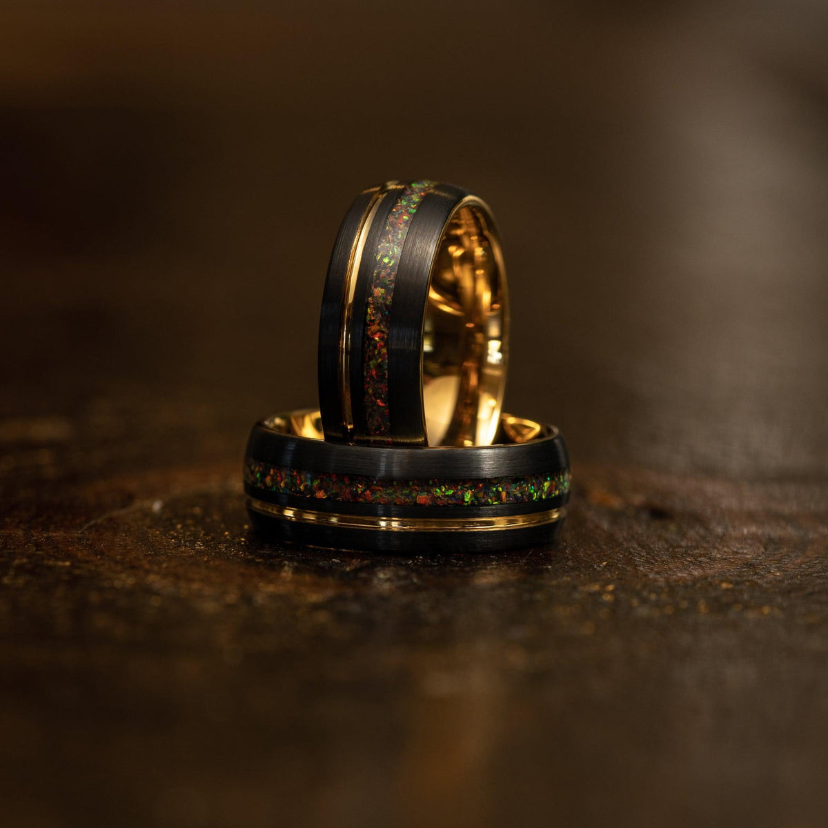 &quot;Dionysus&quot;  Black x Rasta Opal Yellow Gold Tungsten Ring