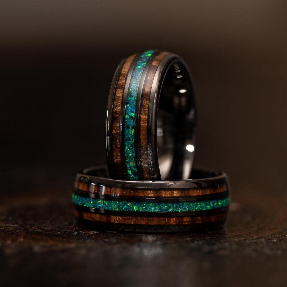 &quot;Dionysus&quot; Whisky Barrel x Blue Opal Gunmetal Tungsten Ring-Rings By Lux