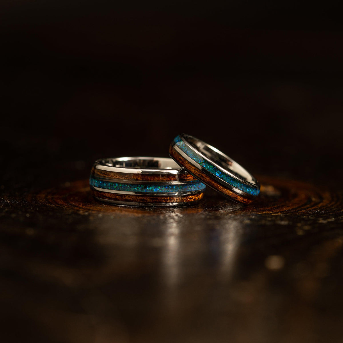 "Dionysis" Womens Tungsten Carbide Ring- Silver X Blue-Green Opal- 5mm