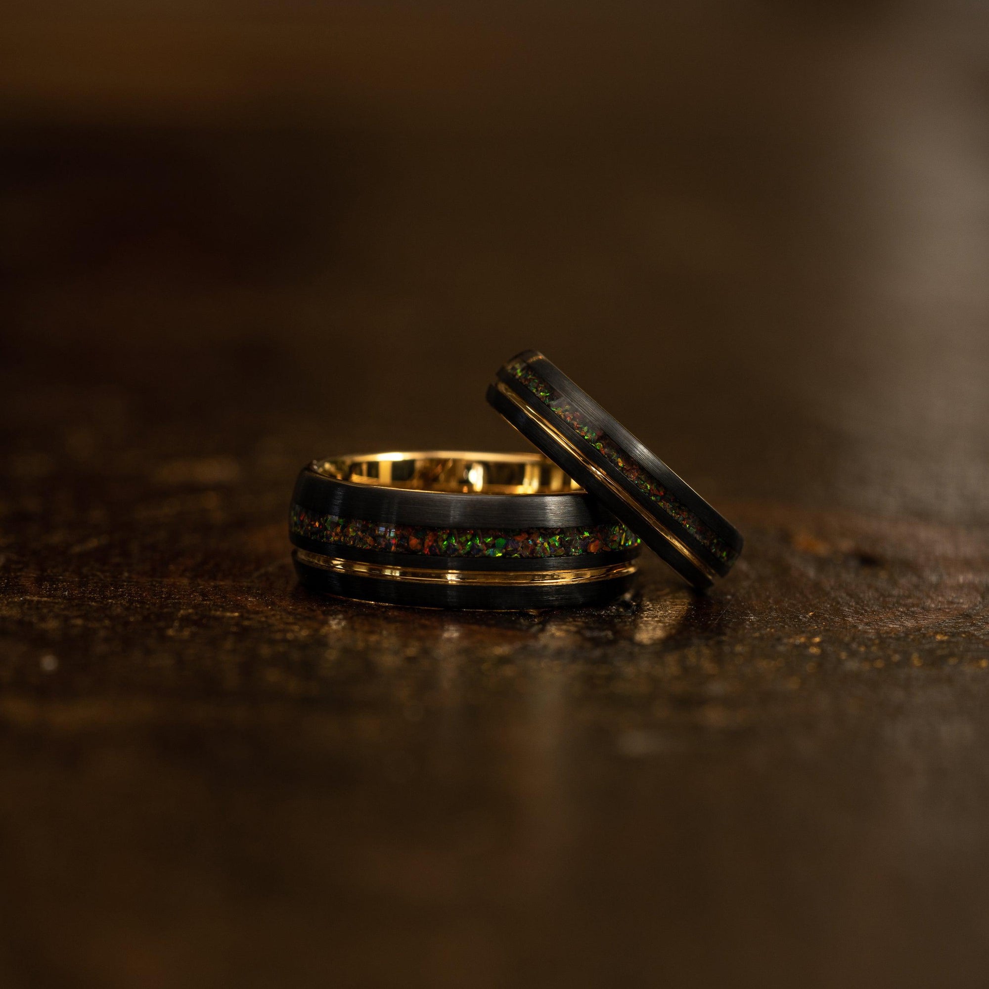 "Dionysus"  Black x Rasta Opal Yellow Gold Tungsten Ring