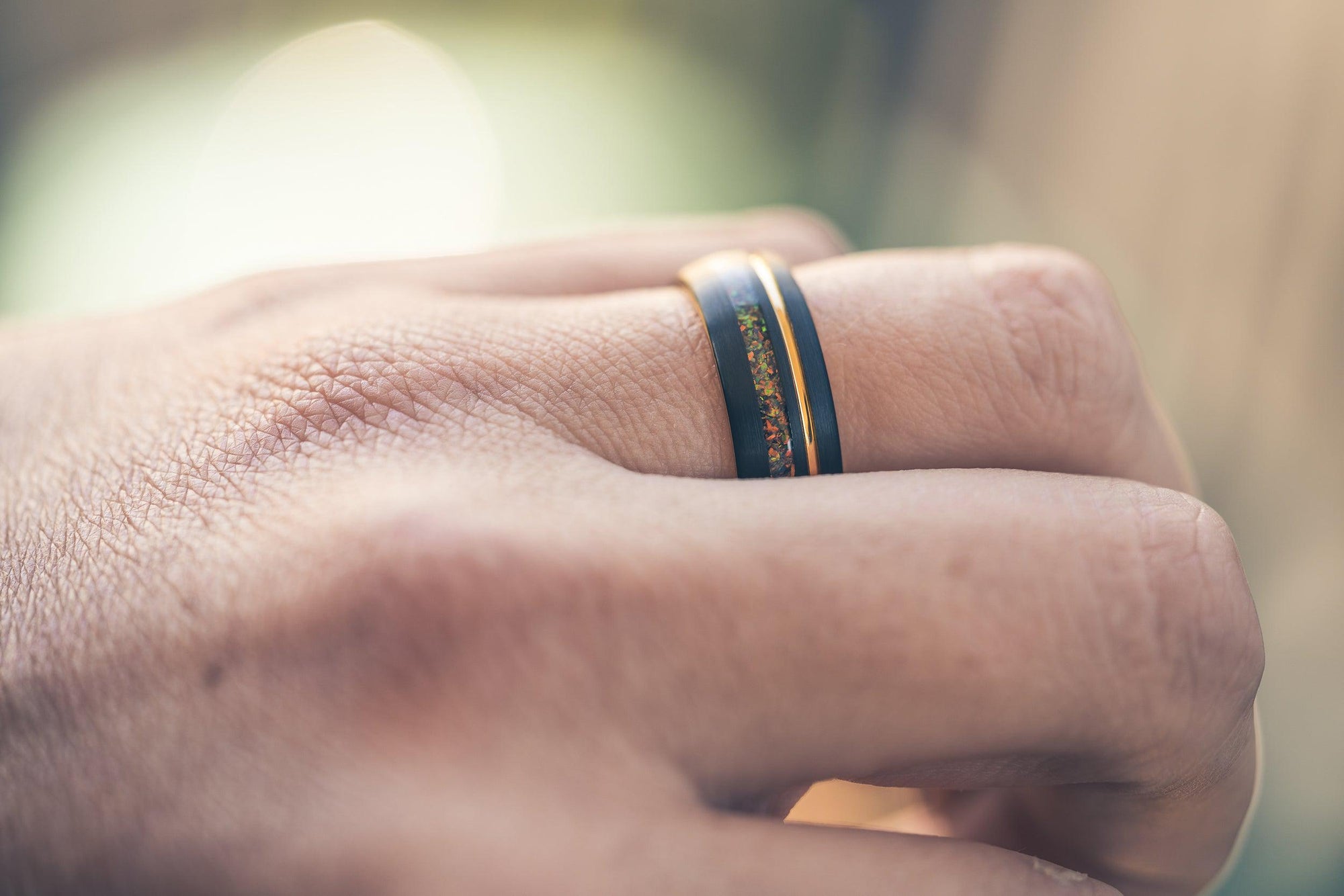 "Dionysus"  Black x Rasta Opal Yellow Gold Tungsten Ring