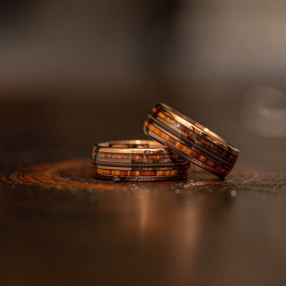 "Dionysus" Hawaiian Koa Wood x Guitar String Ring- Rose Gold Tungsten-Rings By Lux
