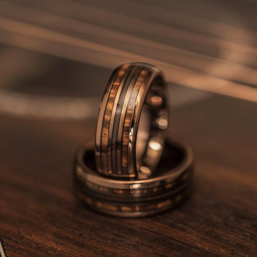 "Dionysus" Hawaiian Koa Wood x Guitar String Ring- Rose Gold Tungsten-Rings By Lux