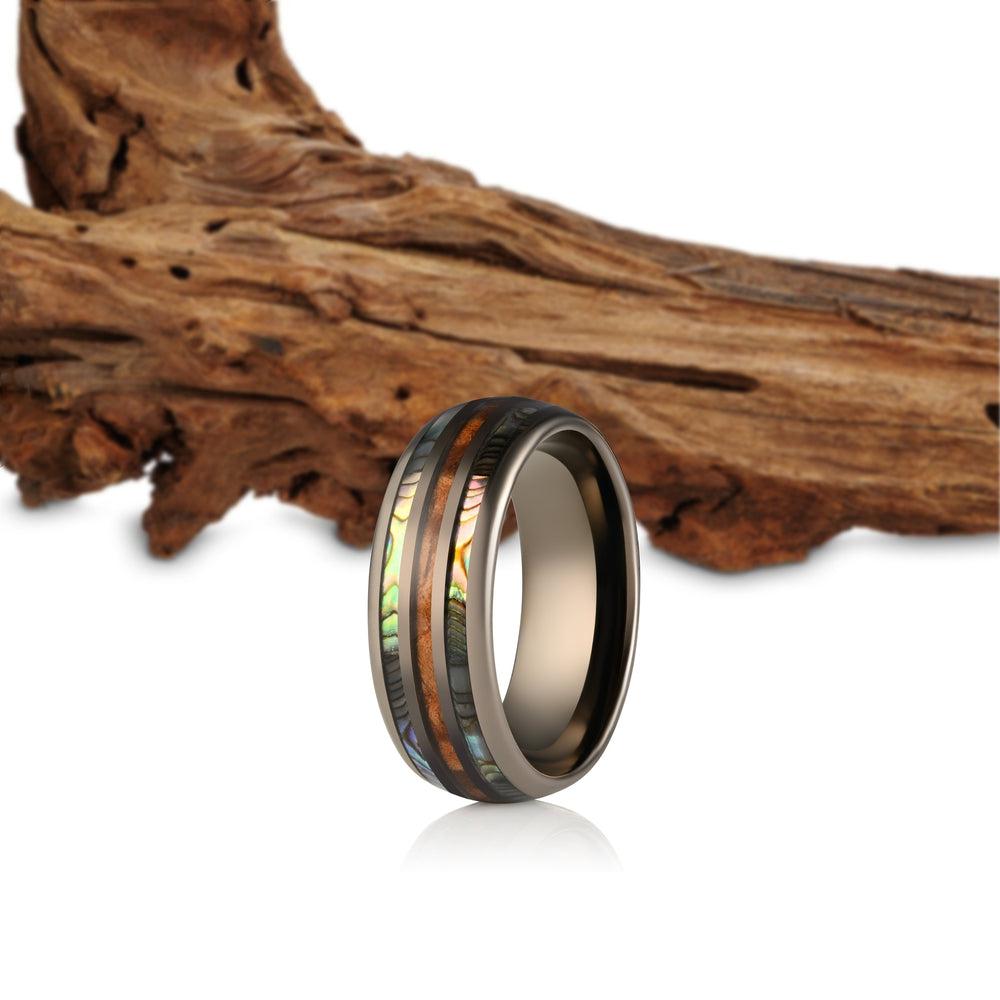 "Dionysus" Whisky Barrel x Double Abalone Shell Gunmetal Tungsten Ring-Rings By Lux