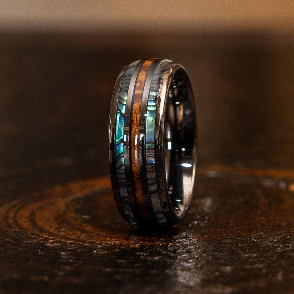 "Dionysus" Whisky Barrel x Double Abalone Shell Gunmetal Tungsten Ring-Rings By Lux