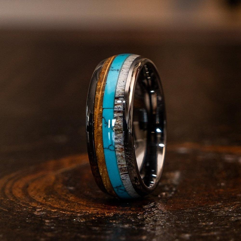 "Dionysus" Whisky Barrel x Turquoise x Naturally Shed Antler Gunmetal Tungsten Ring- Domed-Rings By Lux