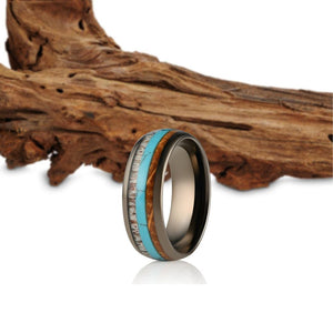 "Dionysus" Whisky Barrel x Turquoise x Naturally Shed Antler Gunmetal Tungsten Ring- Domed-Rings By Lux